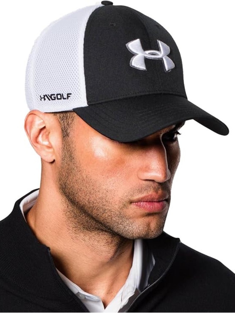 EUC Under Armour Men's Golf Mesh Stretch 2.0 Cap Black/White Athletic Cap